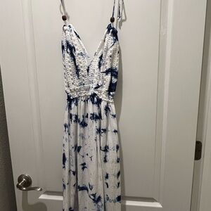 White and Navy Tie-Dye Crochet Midi Dress